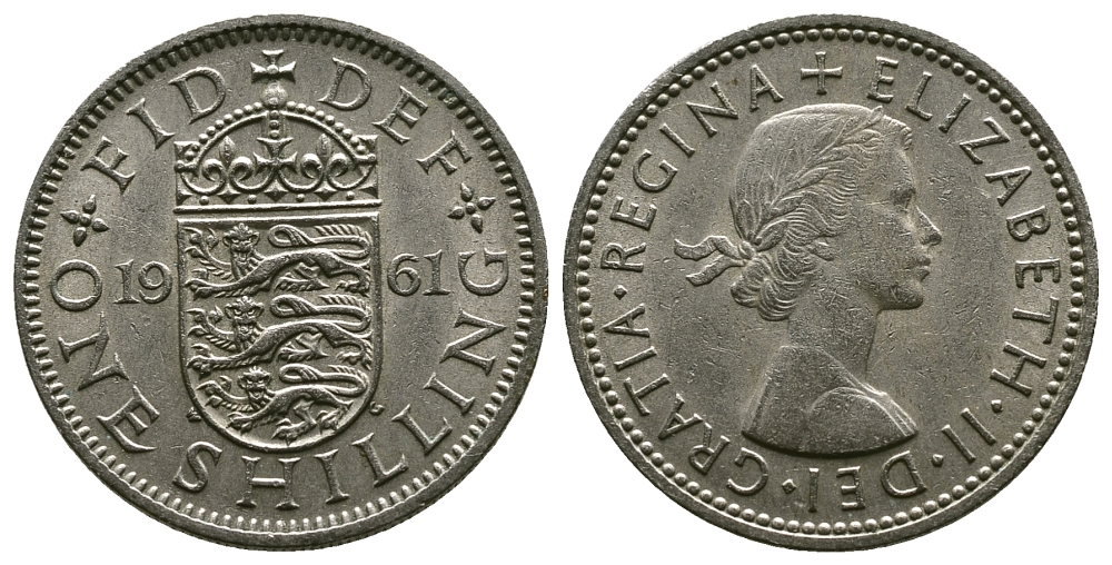 Великобритания 1 шиллинг 1961 Елизавета II (1952-2022), Английский герб KM 904, Spink 4147 медно-никель 4384-431