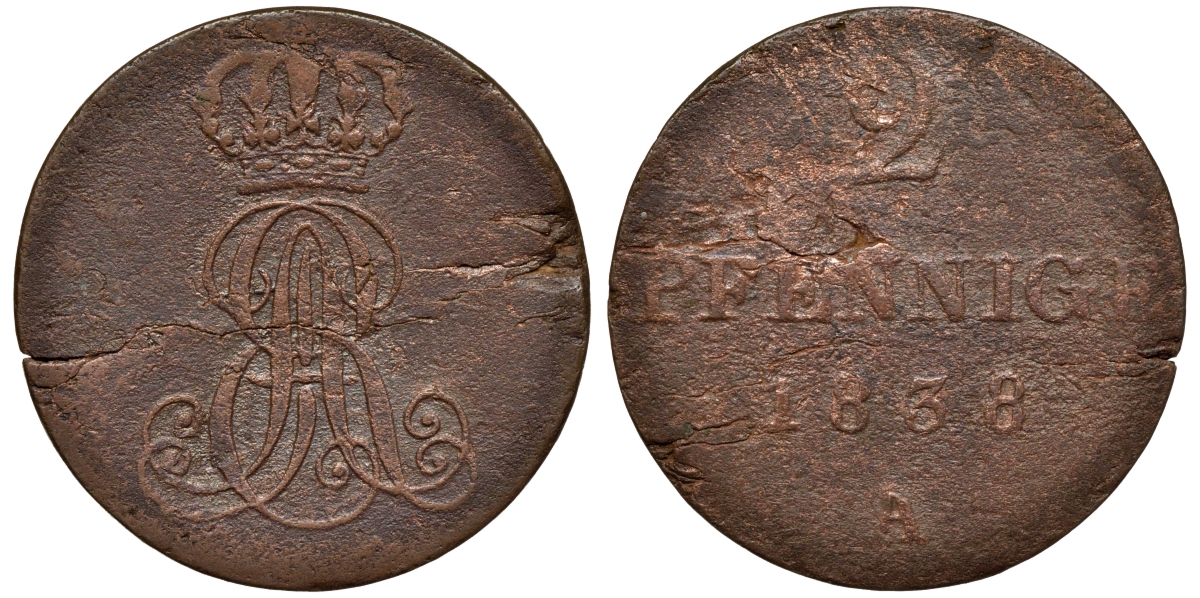 Ганновер 2 пфеннига 1838 A, Эрнст Август (1837-1851) KM 174.1, AKS 122, J. 55 медь 75-215