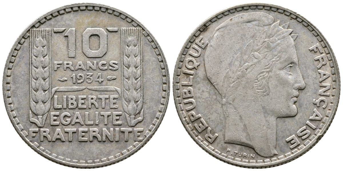 Франция 10 франков 1931 Пьер Тюрен KM 878, Le Franc 360.4 серебро 79-1523