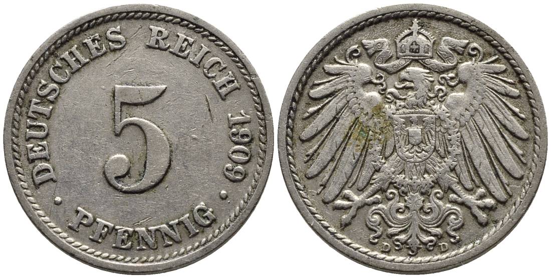 ГЕРМАНИЯ 5 ПФЕННИГОВ 1909 D KM 11, Jager 12, Weege 6 медно-никель 4547-511