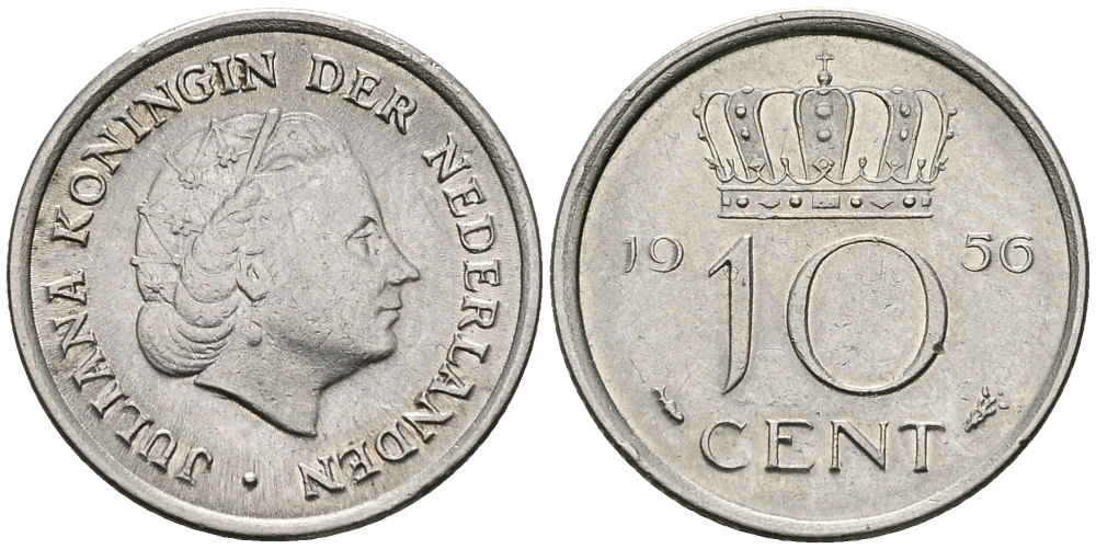 НИДЕРЛАНДЫ 10 ЦЕНТОВ 1956 ЮЛИАНА KM 182 никель 96-349