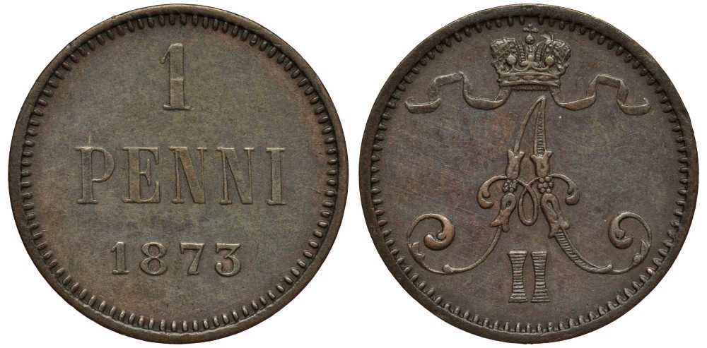 РОССИЯ ДЛЯ ФИНЛЯНДИИ 1 ПЕННИ 1873 АЛЕКСАНДР II Биткин 672 медь 1515-312