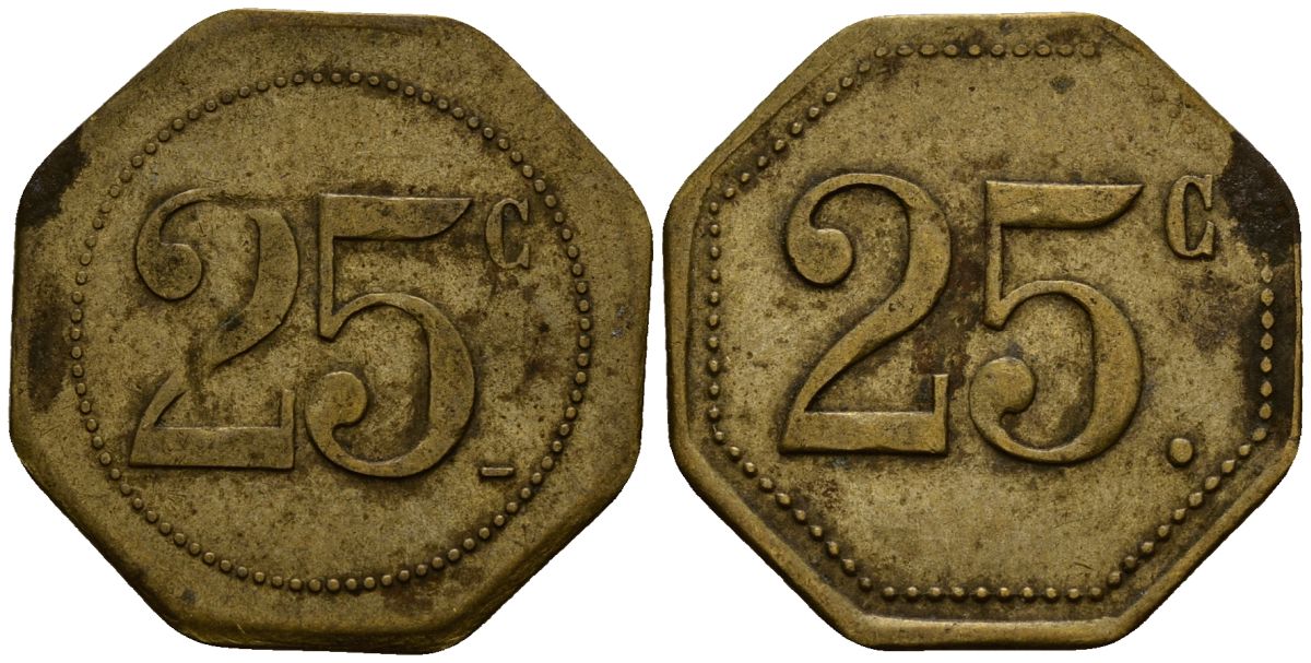 Франция 25 сантимов XIX-XX век ресторанный жетон латунь 4166-447