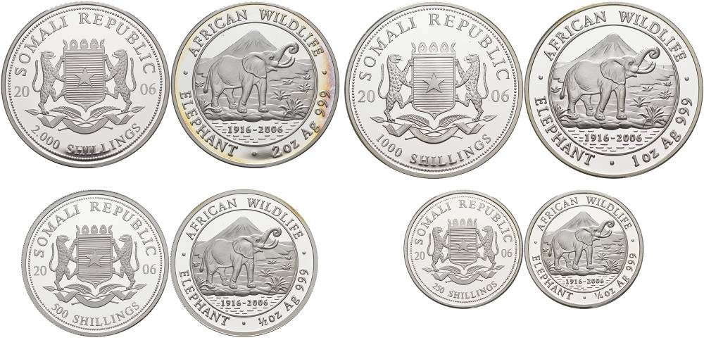 Сомали набор из 4 монет 2006 Дикая природа Африки 2006, слоны, 250, 500, 1000, 2000 шиллингов (1/4 oz, 1/2 oz, 1 oz, 2 oz), в оригинальной деревянной коробке с сертификатом №006, тираж 2000 экз. KM 197, 198, 199, 195а серебро PROOF 3-5-2-51