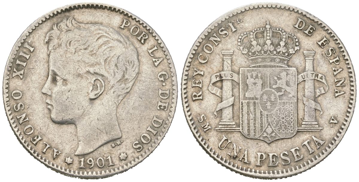 Испания 1 песета 1901 SMV, Альфонсо XIII (1886-1931) KM 706 серебро 63-431