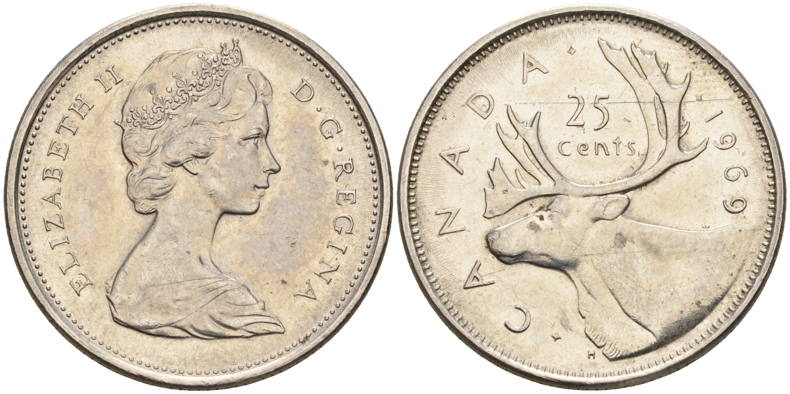 Канада 25 центов 1969 Елизавета II (1952-2022), олень KM 62 b никель 4603-225