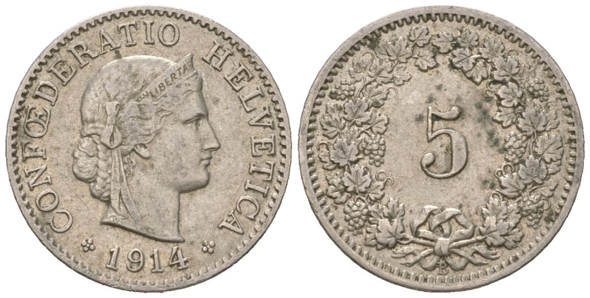 Швейцария 5 раппенов 1914 B KM 26 медно-никель 4160-547