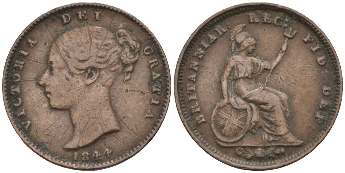 Великобритания 1/3 фартинга 1844 Виктория (1837-1901) KM 743, Spink 3952 медь 443-1432