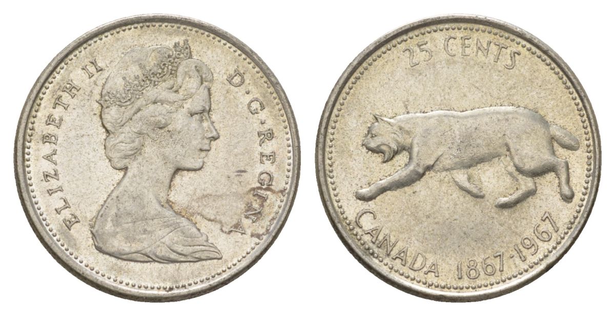 Канада 25 центов 1967 пума, 100 лет Конфедерации Канада, Ссеребро 0.800, вес 5,83 гр, диаметр 23,88 мм KM 67 серебро 4622-913