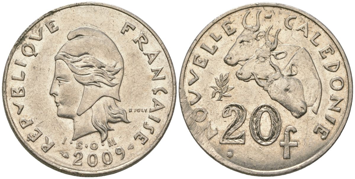 Французская Новая Каледония 20 франков 2009 три быка, (IEOM) KM 12a, Schoen 14a, Lec 115j медно-никель 84-145