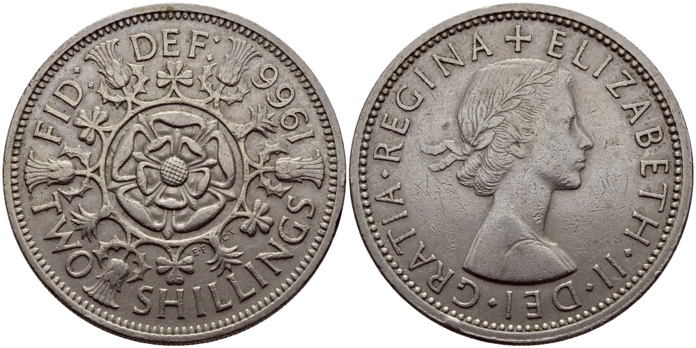 Великобритания 2 шиллинга (флорин) 1966 Елизавета II (1952-2022) KM 906, Spink 4146 медно-никель 83-1823