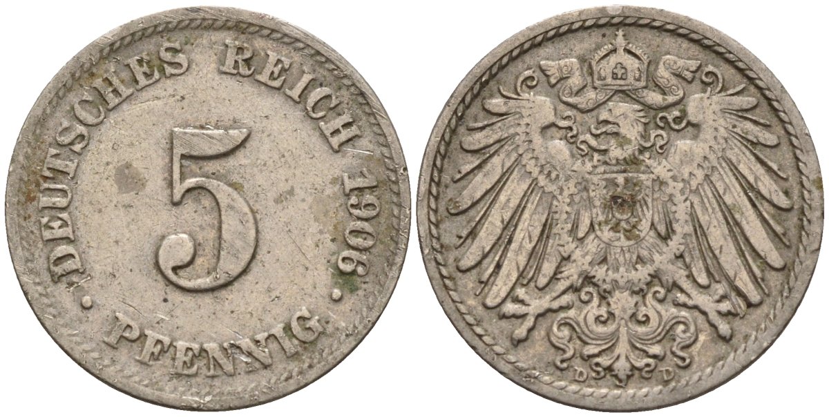 Германия 5 пфеннигов 1906 D KM 11, J. 12 медно-никель 4151-452