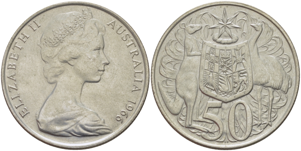Австралия 50 центов 1966 Елизавета II (1952-2022), герб Австралии, кенгуру KM 67 серебро 82-816