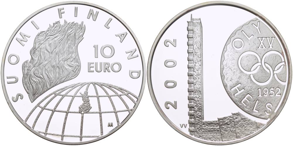 Финляндия 10 евро 2002 50 лет Олимпиаде 1952 года в Хельсинки KM 107 серебро PROOF 1084-9-24