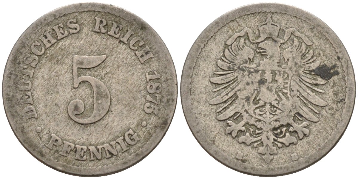 Германия 5 пфеннигов 1875 B, старогербовка KM 3, J. 3 медно-никель 4151-355