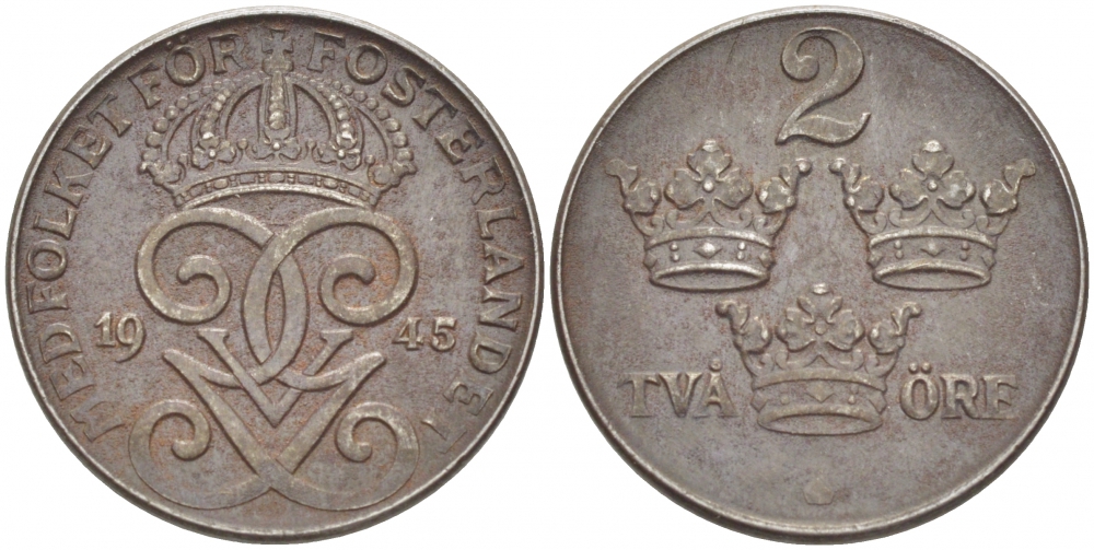 Швеция 2 эре 1945 Густав V (1907-1950) KM 811 железо 112-1033