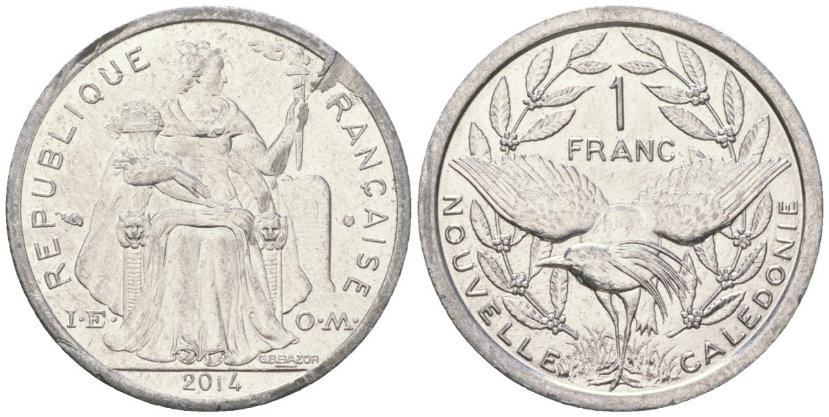 Французская Новая Каледония 1 франк 2014 птица кагу, (IEOM) KM 10, Schoen 10 алюминий 33-217