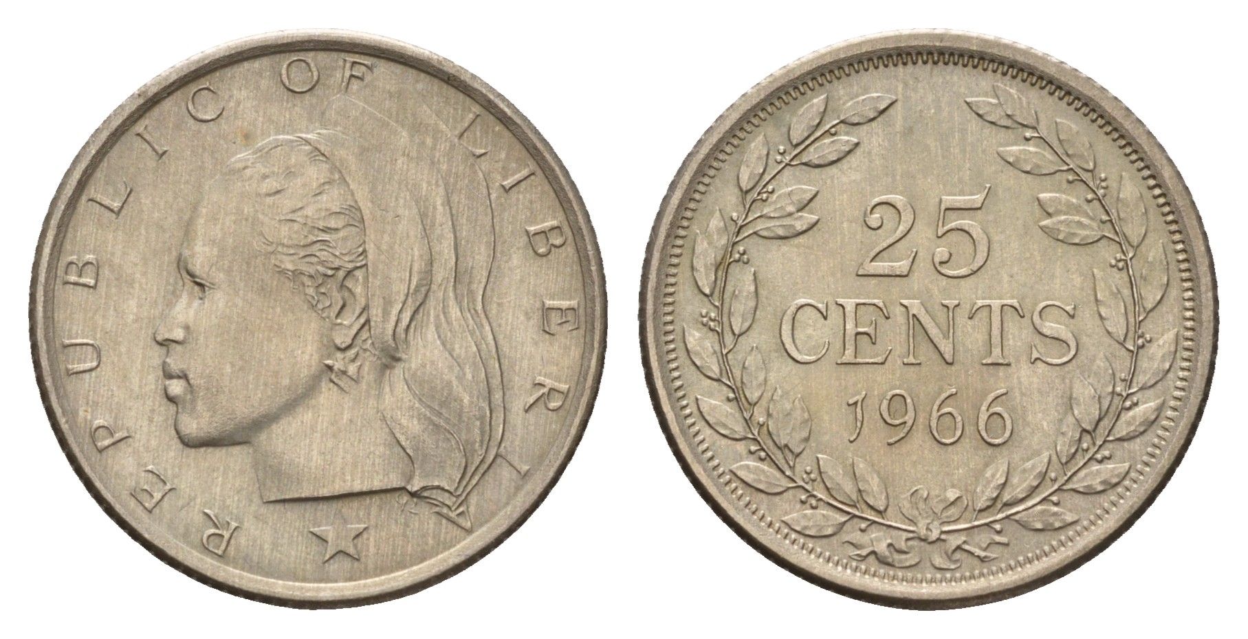 Либерия 25 центов 1966 год-тип KM 16a.1 медно-никель aUNC 4678-147