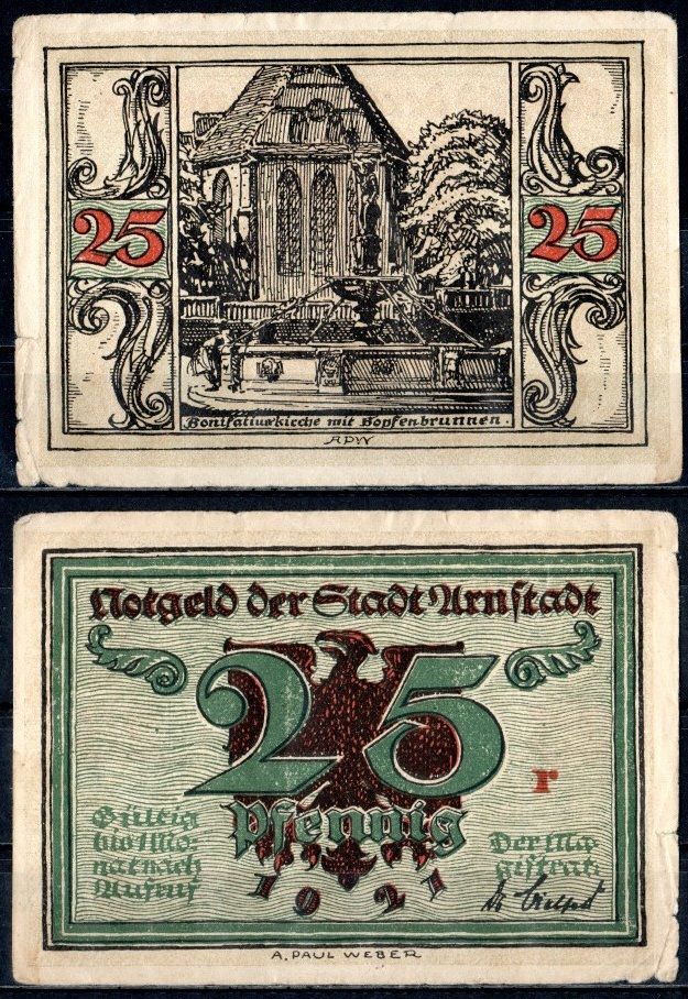 Арнштадт (Тюрингия) 25 пфеннигов 1921 Mehl Grabowski 43.2-2/6 бумага 7556-30-4-1