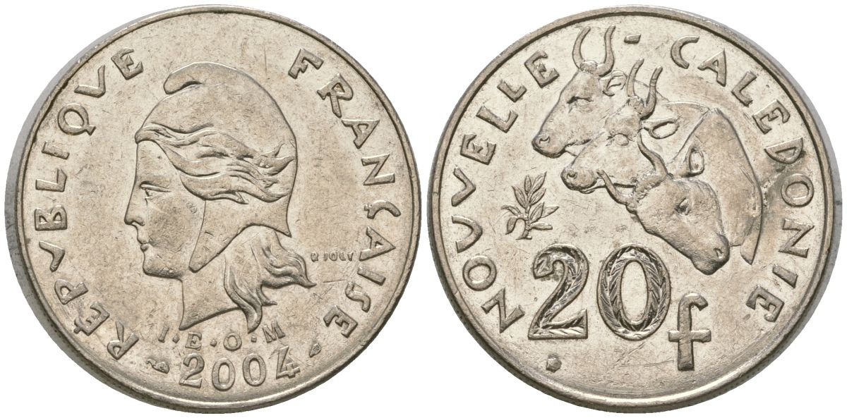 Французская Новая Каледония 20 франков 2004 три быка, (IEOM) KM 12, Schoen 14, Lec 15h никель 4131-713
