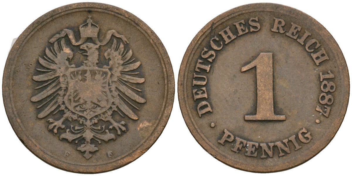 Германия 1 пфенниг 1887 F, Вильгельм I (1871-1888) KM 1, J. 1 медь 4547-166