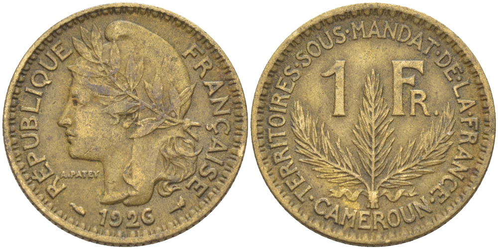 Французский Камерун 1 франк 1926 (а), монетный двор Париж KM 2 алюминиевая бронза 60-1214