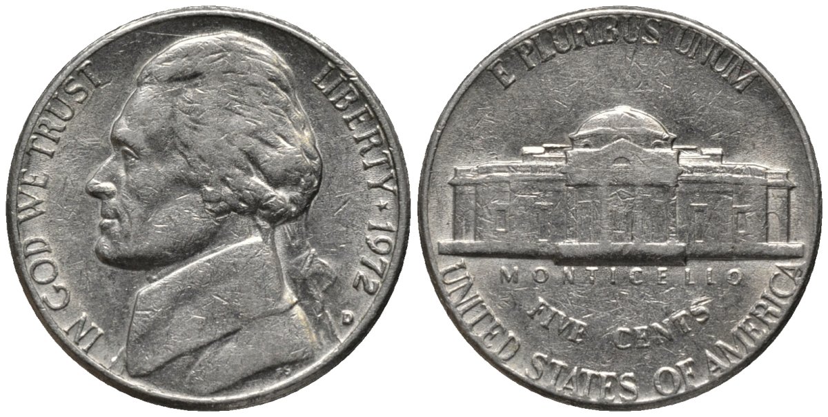 США 5 центов 1972 D, Джефферсон KM А192 медно-никель 4577-1212