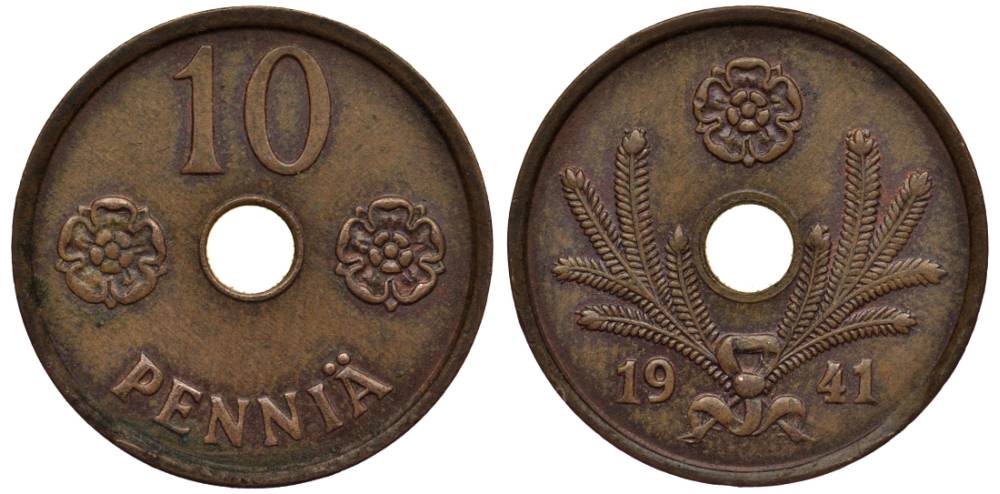 ФИНЛЯНДИЯ 10 ПЕННИ 1941 KM 33.1 медь 4549-842