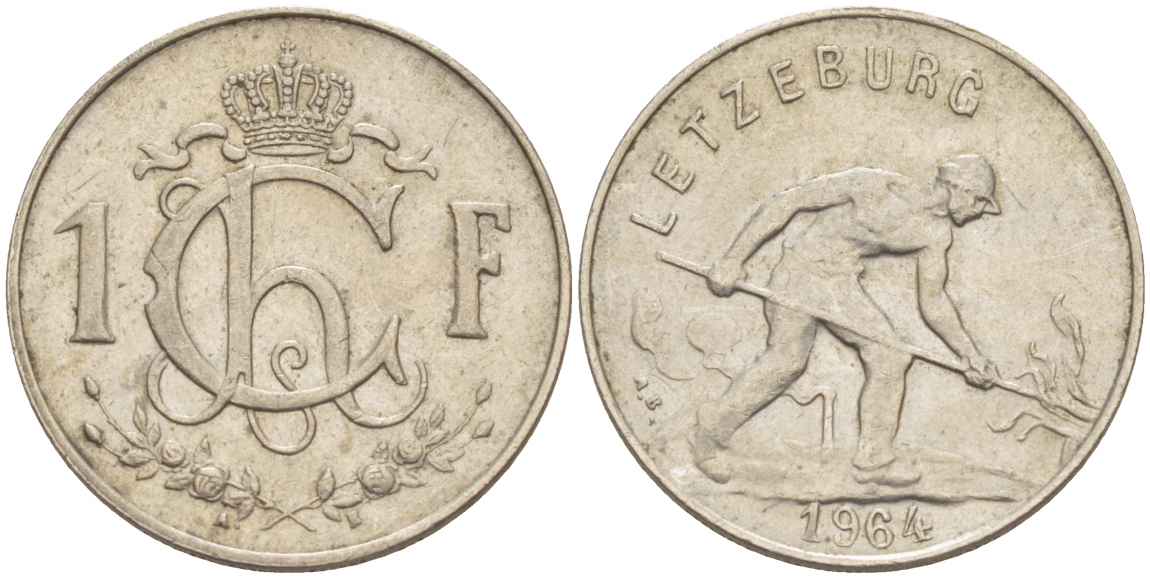 ЛЮКСЕМБУРГ 1 ФРАНК 1964 СТАЛЕВАР KM 46.2 медно-никель 4548-1041