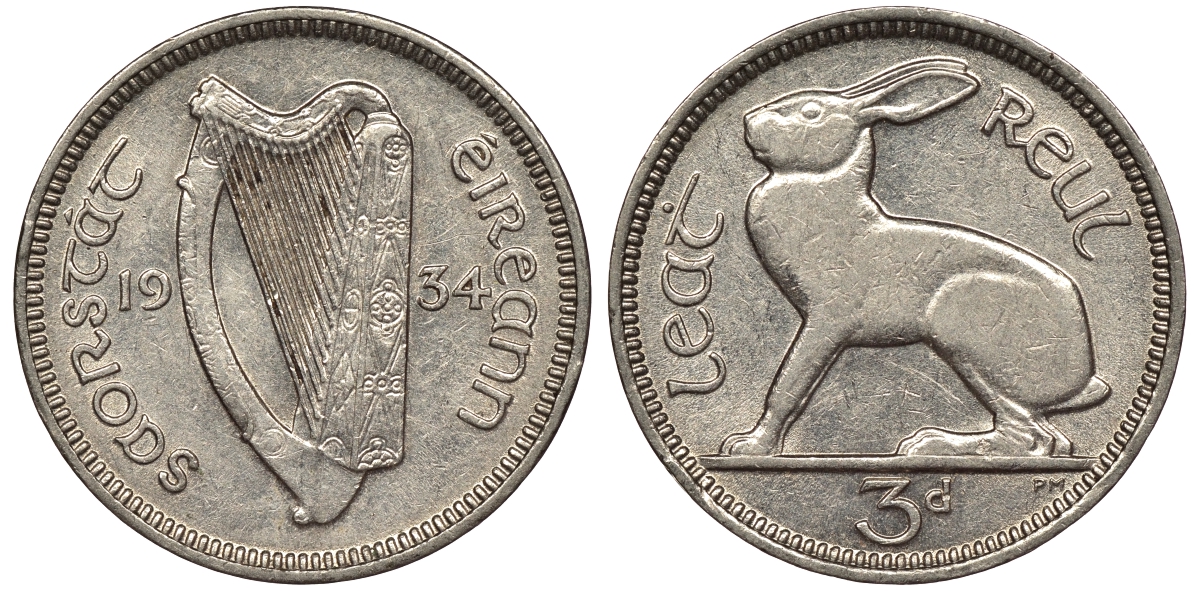 Ирландия 3 пенса 1934 заяц KM 4 никель 441-524