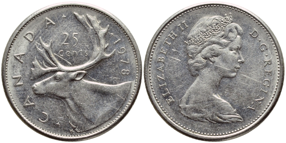 КАНАДА 25 ЦЕНТОВ 1978 ОЛЕНЬ KM 62b никель 4397-111