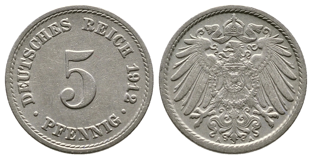 ГЕРМАНИЯ 5 ПФЕННИГОВ 1912 А, KM 11, J. 12 медно-никель 4380-143
