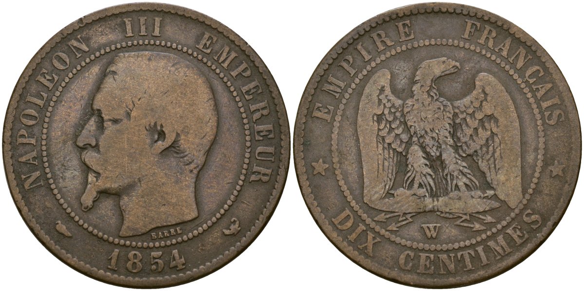 Франция 10 сантимов 1854 W - Лилль, Наполеон III (1852 - 1870) KM 771 бронза 4168-535