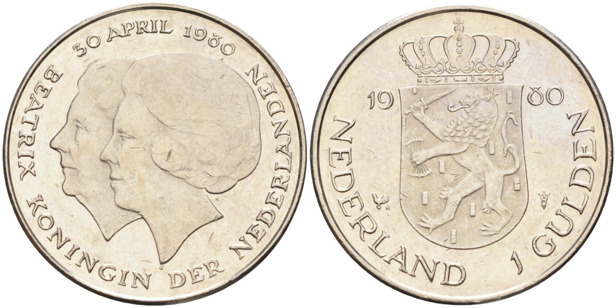 Нидерланды 1 гульден 1980 на коронацию Беатрикс, 30 апреля 1980 KM 200 никель 4593-1234