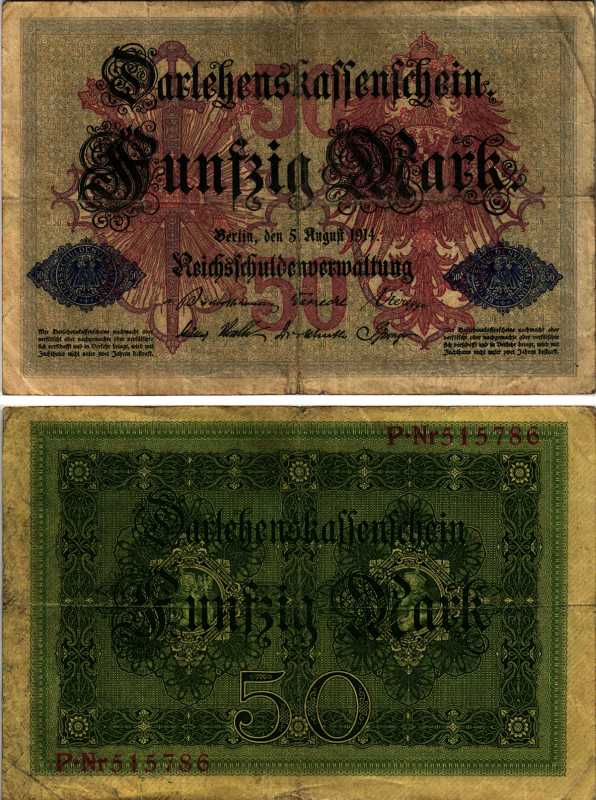 ГЕРМАНИЯ 50 МАРОК 1914 5 АВГУСТА 1914, ШЕСТИЗНАЧНЫЙ НОМЕР Pick 49а бумага 6318-16-2-2