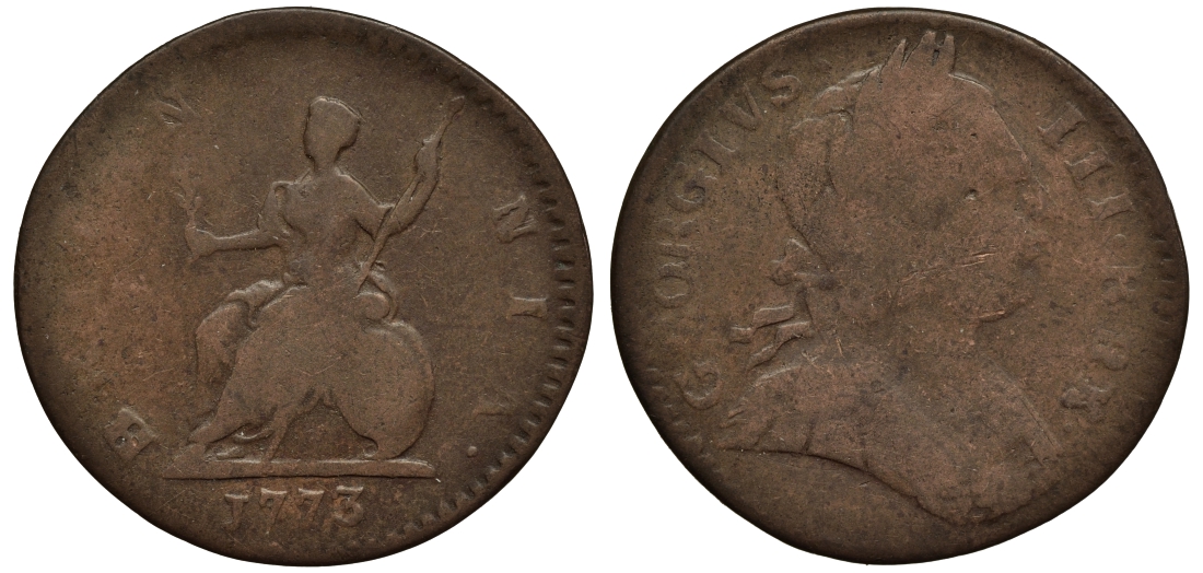 Великобритания 1 фартинг 1773 Георг III (1760-1820) KM 602, Spink 3775 медь 1523-1042