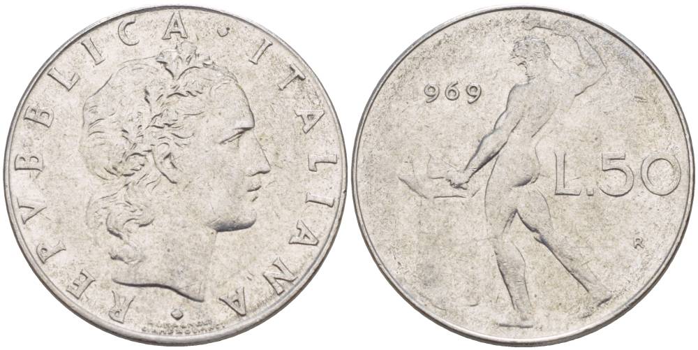 ИТАЛИЯ 50 ЛИР 1969 R, БОГ ОГНЯ ВУЛКАН У НАКОВАЛЬНИ KM 95.1 нержавеющая сталь 4551-352