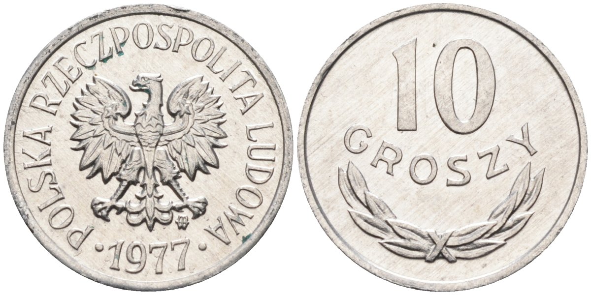 Польша 10 грошей 1977 MW, Народная Республика KM АА47, Parchimowicz 206p алюминий aUNC 4580-625