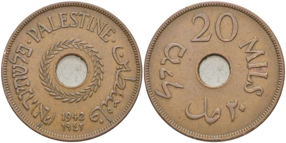 Израиль, Палестина 20 милсов 1942 Британская администрация KM 5а бронза 4185-1235