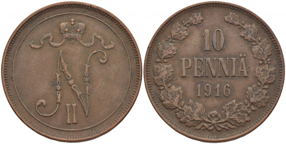 РОССИЯ ДЛЯ ФИНЛЯНДИИ 10 ПЕННИ 1916 Биткин 439 медь 51-1524