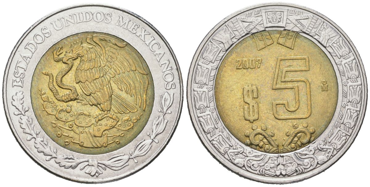 Мексика 5 песо 2007 Mo KM 605 биметалл aUNC 186-724