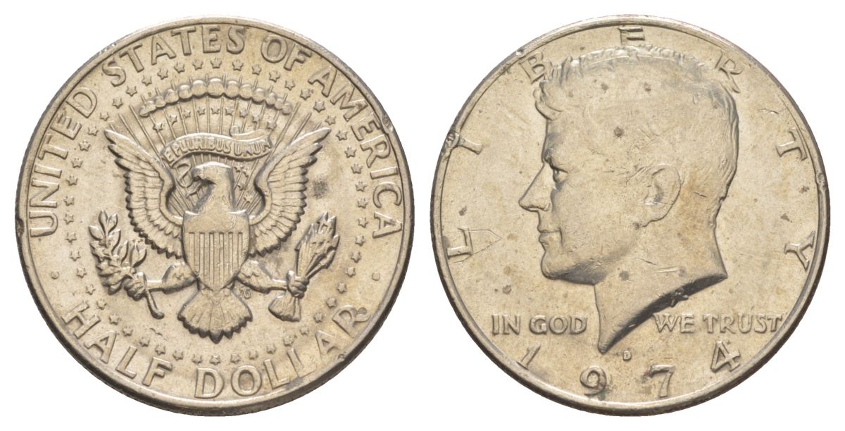 США 1/2 доллара (50 центов) 1974 D, Джон Кеннеди KM 202b медь плакированная медно-никелем aUNC 4123-143