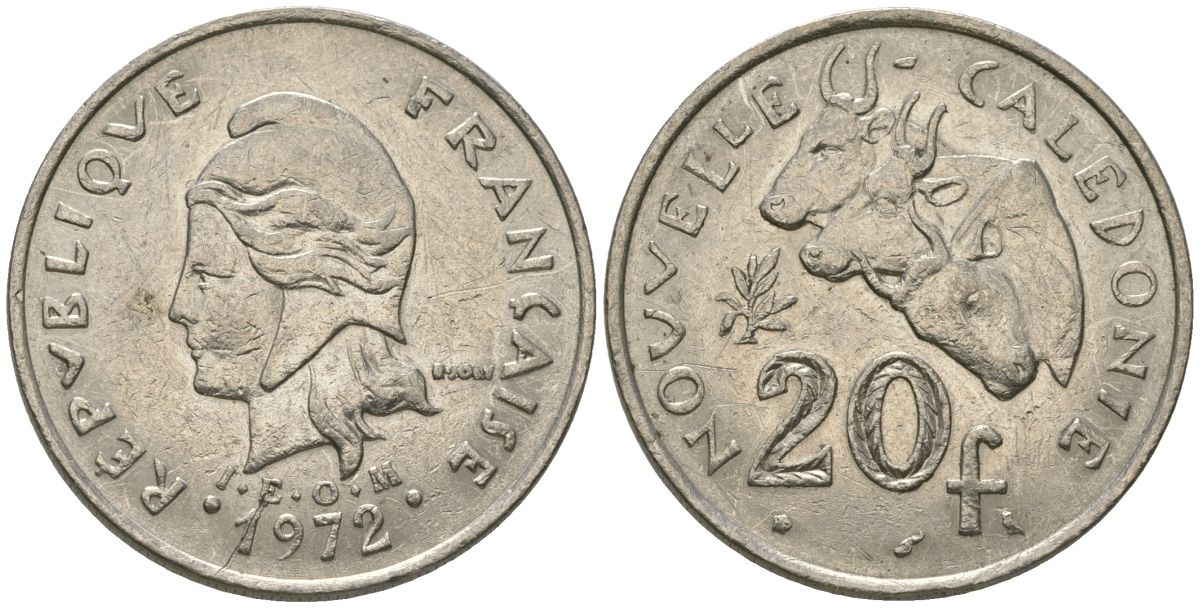 Французская Новая Каледония 20 франков 1972 три быка, (IEOM) KM 12, Schoen 14, Lec 106 никель 4680-411