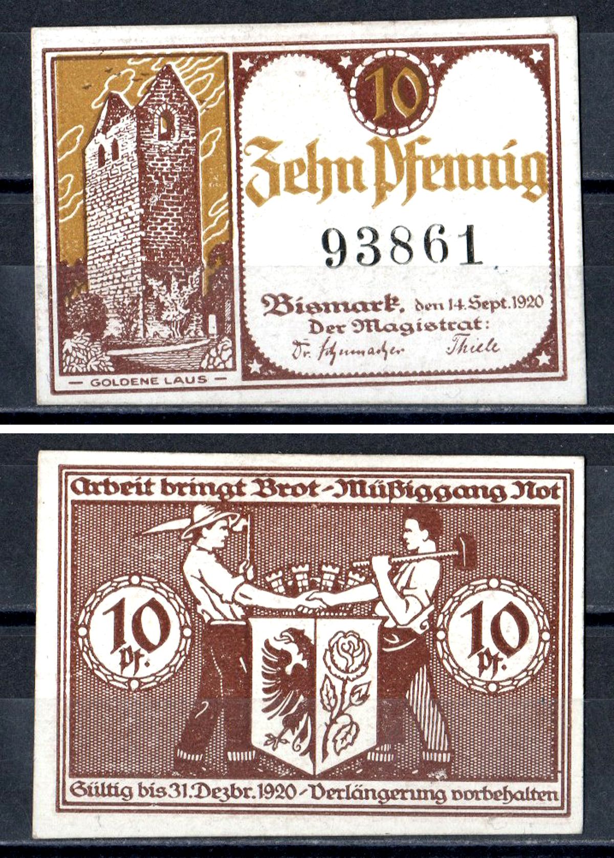 Бисмарк (Пруссия, Саксония) 10 пфеннигов 1920 Mehl Grabowski B56.2b картон UNC (пресс) 7556-50-2-2