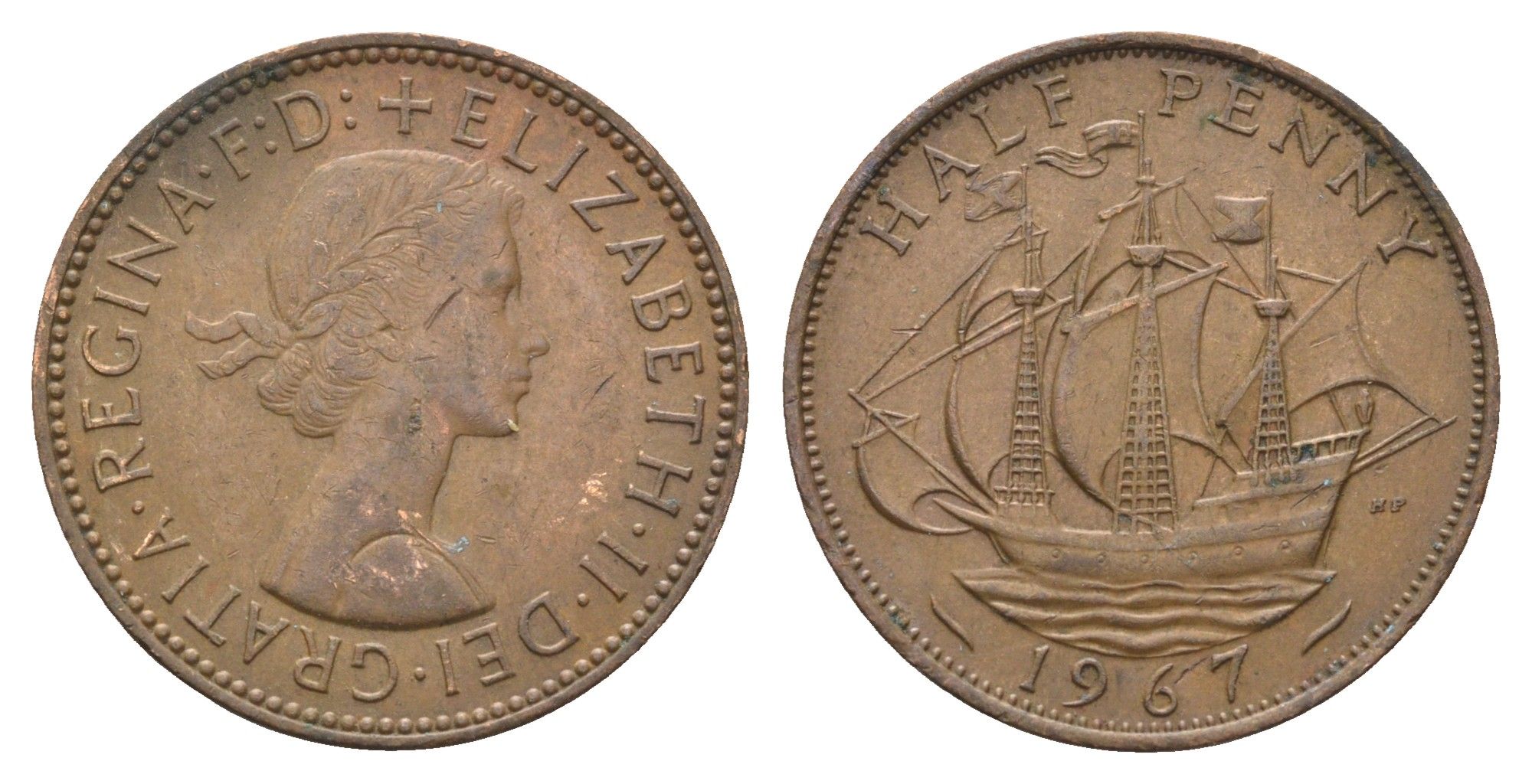 Великобритания 1/2 пенни 1967 Елизавета II (1952-2022) KM 896, Spink 4158 бронза 4663-133