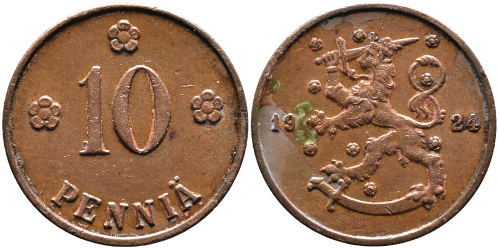 Финляндия 10 пенни 1924 республика (1918-1962) KM 24 медь 4388-912