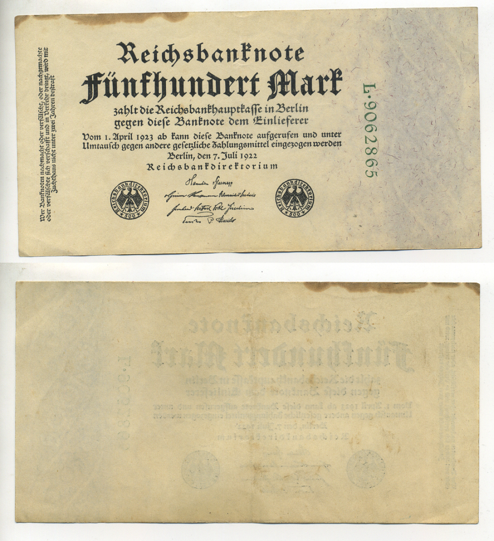 Германия 500 марок 1922 зеленая серия L, 7 цифр в номере Pick 74 b бумага 434-23-1-2