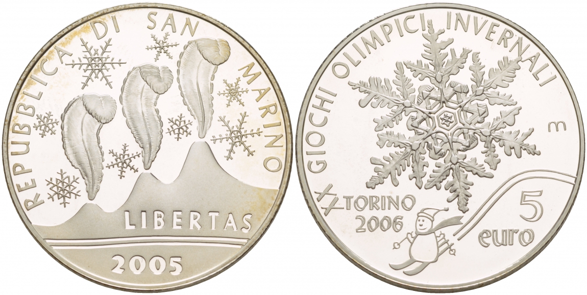 Сан-Марино 5 евро 2005 Зимние Олимпийские игры 2006 в Турине, снежинка KM 511 серебро PROOF 1087-7-45