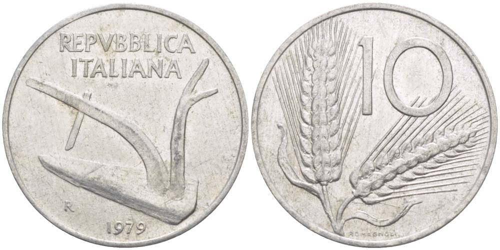 ИТАЛИЯ 10 ЛИР 1979 R, КОЛОСЬЯ, ПЛУГ KM 93 алюминий 4551-226