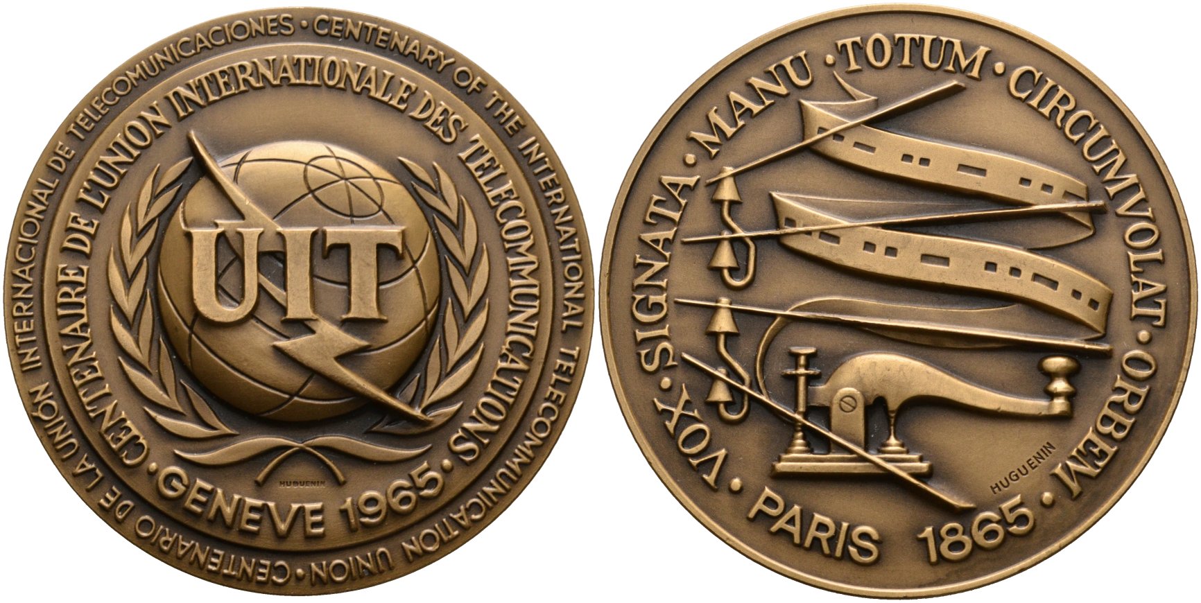 Швейцария медаль 1965 100 лет Международному Союзу телекоммуникаций "UIT", диаметр 60 мм. бронза 1069-1-21